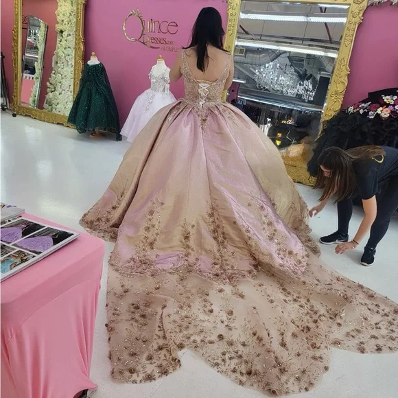 Custom Made Pink & Gold Prom Gown | Heavy Couture Dress  Size M -Juniors - Picture 2 of 2